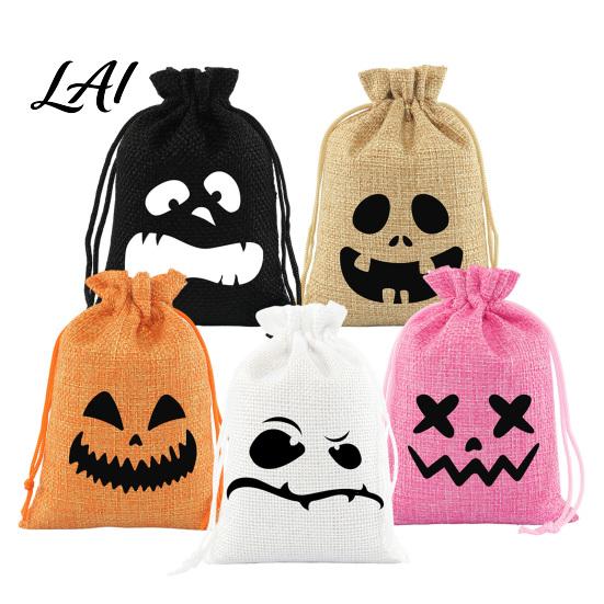 Halloween Candy Bags 5Pcs with Drawstring Funny Ghost Pumpkin Print Gift Pouches Mini for Party Favors And Trick or Treat Sacks Decorative Packaging