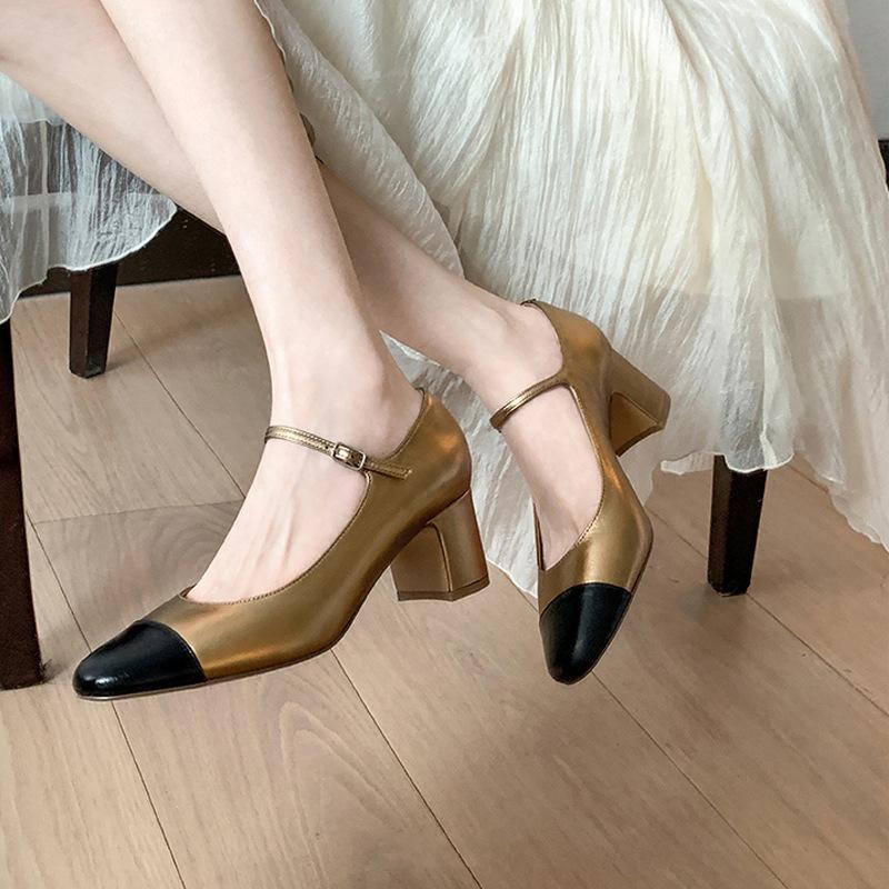 Su Yinyin has the same French round head versatile color matching thick heel Mary Jane shoes temperament fairy style commuting thick heel single shoes