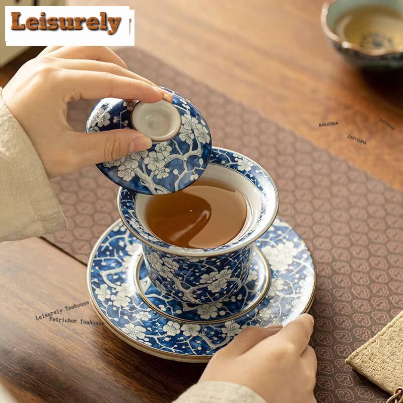 171ml Ru Kiln Porcelain Cover Bowl Creative Ice Plum Horseshoe Gaiwan Retro Sancai Tea Tureen Tea Maker Chinese Tableware Craft