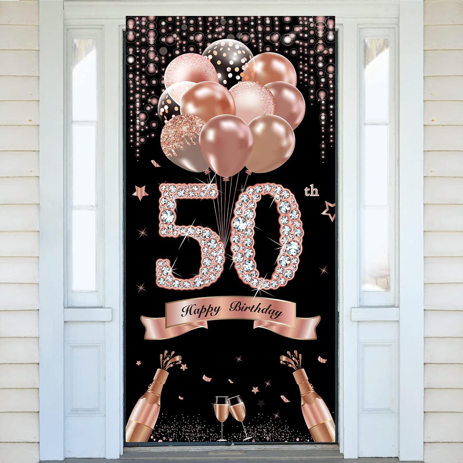 50th Birthday Door Banner Decorations for Women, Rose Gold Happy 50 Birthday Door Cover Sign Party Supplies, Fifty Year Old Bday Photo Props Decor