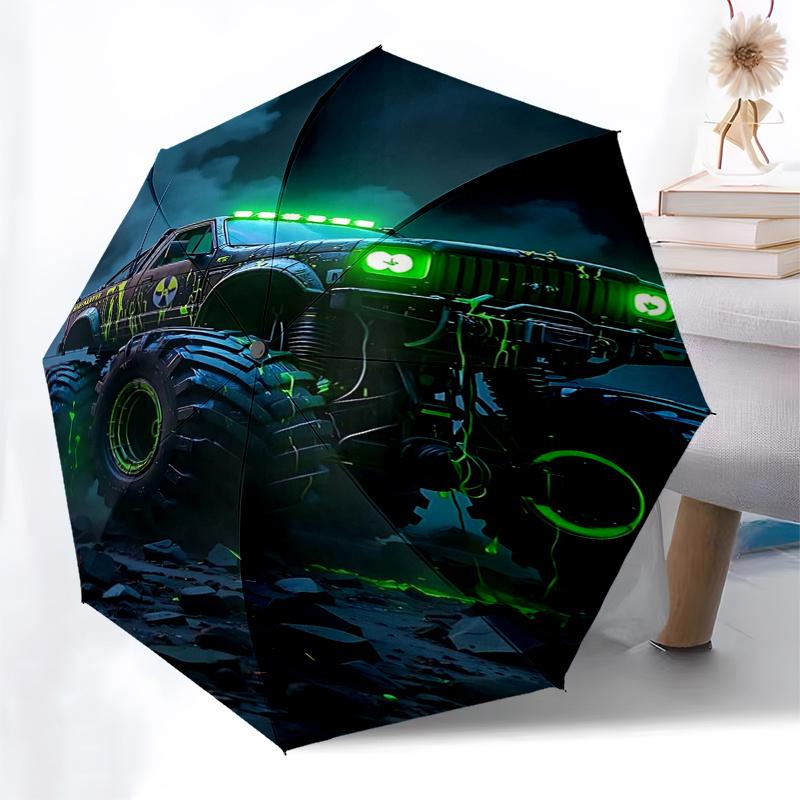 Ombrello da Viaggio a Tema Monster Truck con 8 Stecche, Apertura e Chiusura Automatiche, Design Pieghevole Portatile, Ombrello Compatto ed Elegante Adatto per