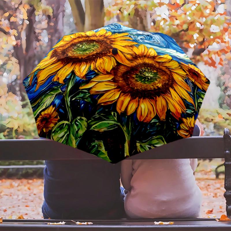Beautiful Sunflowers Van Gogh Printed Umbrella Windproof Folding Umbrella Portable Sun and Rain Umbrella Suitable for Gifting