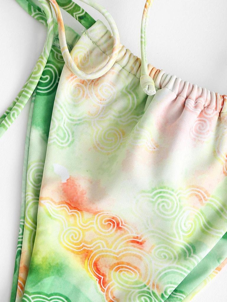 ZAFUL Tie Dye Auspicious Clouds Lettuce Trim String Bikini Swimwear