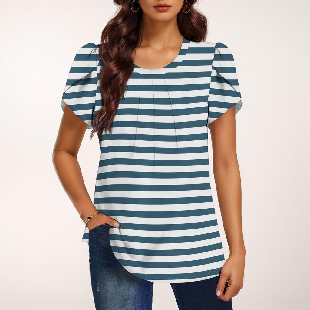 Women's Fashionable Round Neck Short Sleeve Print Casual Basic Pleated Pullover T-shirt Top