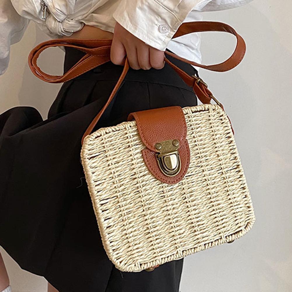 

Women Messenger Bag Fashion Woven Ladies Handbags Casual Holiday Simple Handmade Adjustable Straps Rattan Beach Bag бежевий