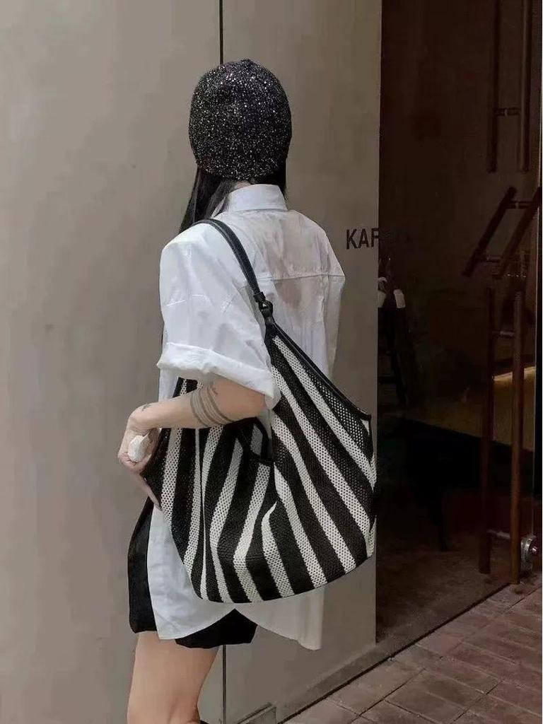 Niche Striped Woven Women's Shoulder Tote – Large Capacity, Casual Style
