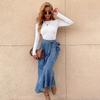 Women Elastic High Waist Bandage  A Line Ruffles Jean Denim Skirt