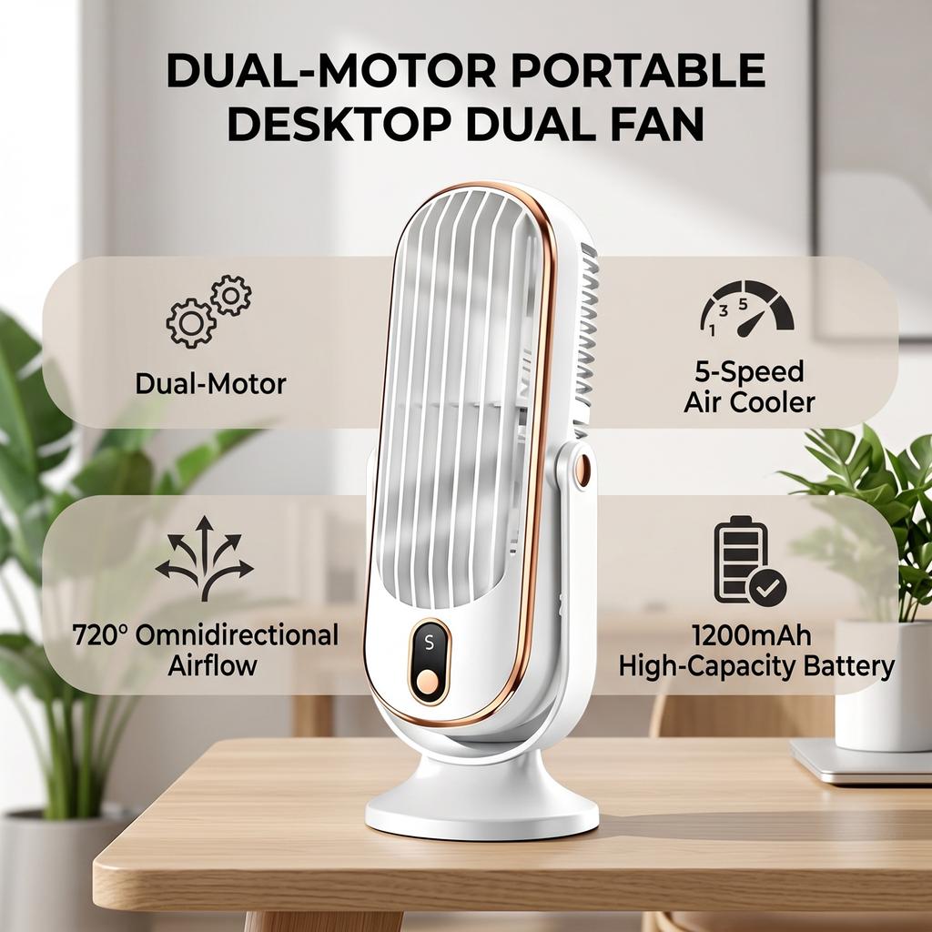 Desk Double Fan Double Motor 5 Speed 720 Degrees Surrounding Blow 1200mAh Portable Desktop Tower Fan for Travel