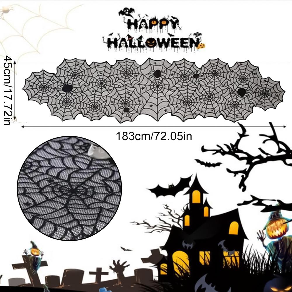 Halloween Table Flag Fireplace Towel 18x72 Inches Gothic Spiderweb Black Lace Mantel Halloween Table Runner Fireplace Towel