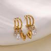 Stainless Steel Pearl Heart Earrings - Luxury Multi-layer Claw Studs for Women