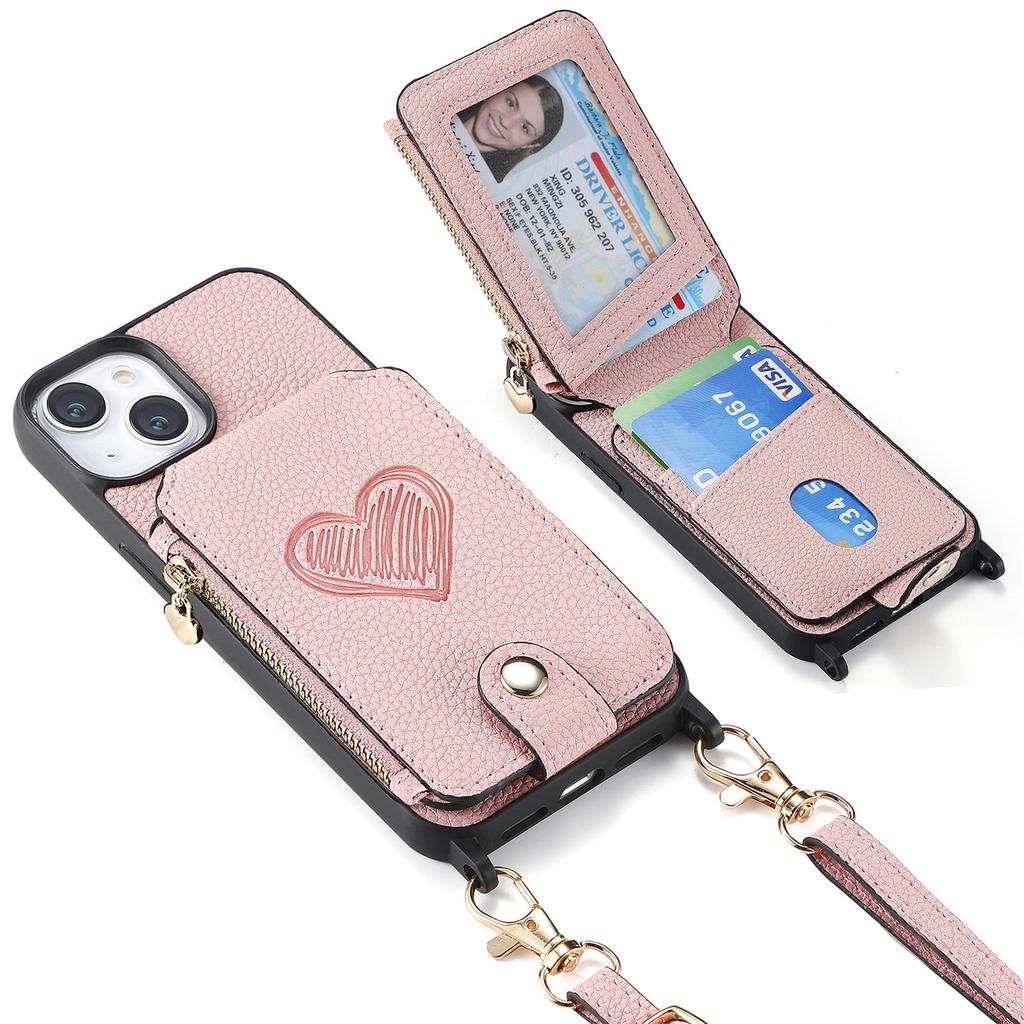 Zipper Wallet Shoulder Chain Case for Iphone 14 Plus 13 12 11 Pro Max Vertical Cards Solt Leather Lanyard Crossbody Bag Cover