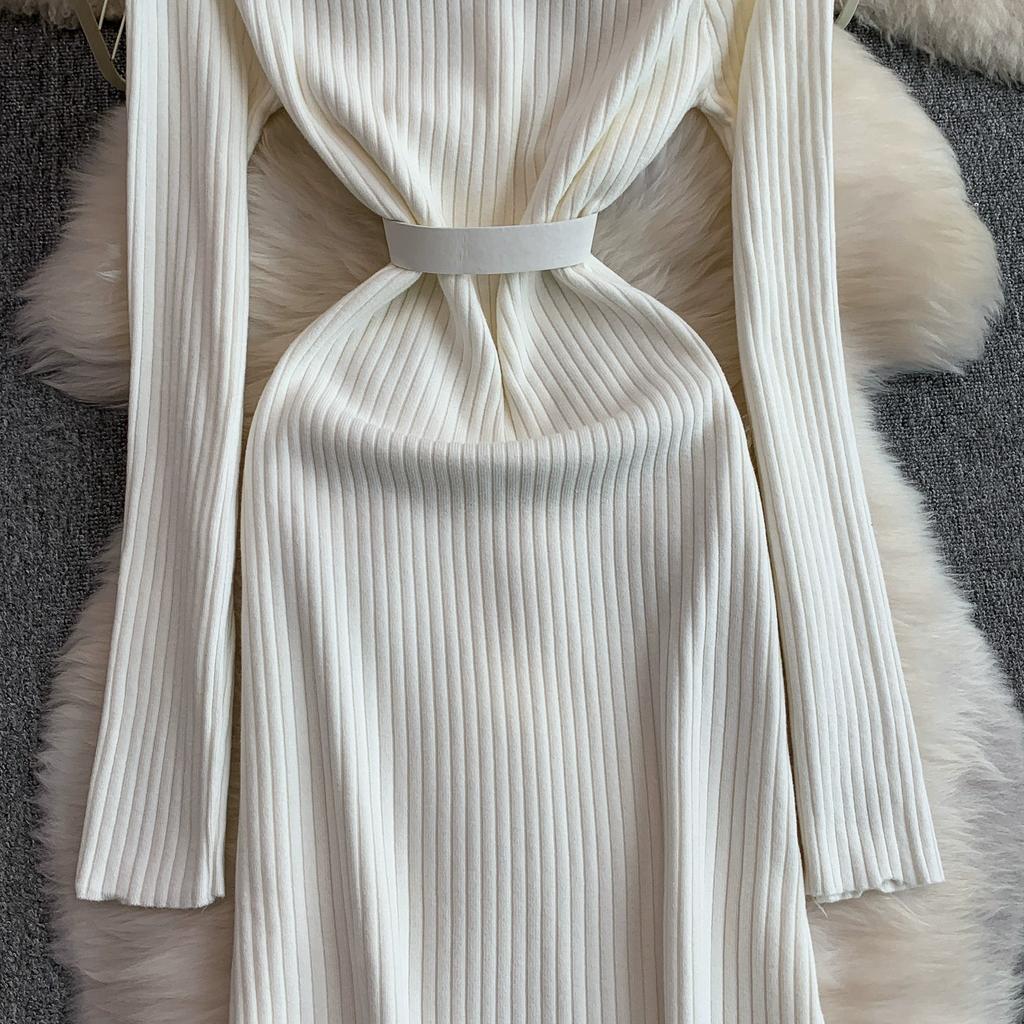 Autumn Winter Women Elegant V-neck Pearl Button Knitted Sweater White Office Work Slim Bodycon Sheath Dresses