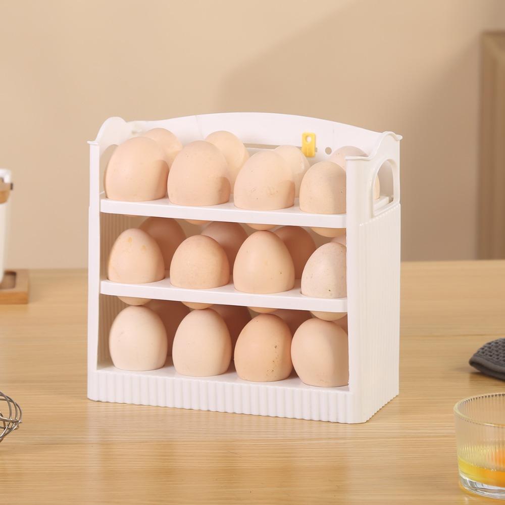 

Автоматически откидывающийся держатель для яиц на боковой дверце холодильника, экономящий место, трехслойный контейнер для хранения яиц со шкалой времени, лоток для яиц, кухня белый
