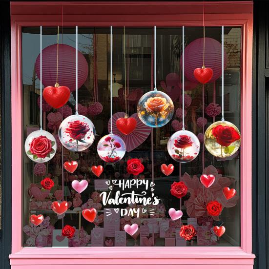 Valentine's Day Window Cling Removable Waterproof PVC Rose Flower Love Heart Static Glass Sticker Holiday Party Decoration Decal