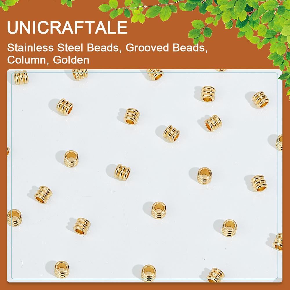 100Pcs 201 Stainless Steel Beads, Grooved Beads, Column, Golden, 5x4.5mm, Hole: 3mm