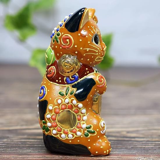 Kutani Ware Dancing Lucky Cat with Gold Oval Coin N-024F