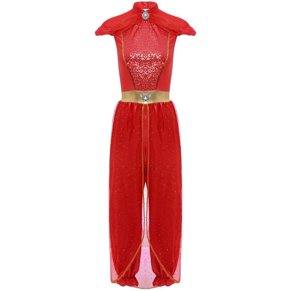 Womens Arabian Princess Jumpsuit Gems Adorned Sequined Overlay One Piece Romper Belly Dance Halloween Costume