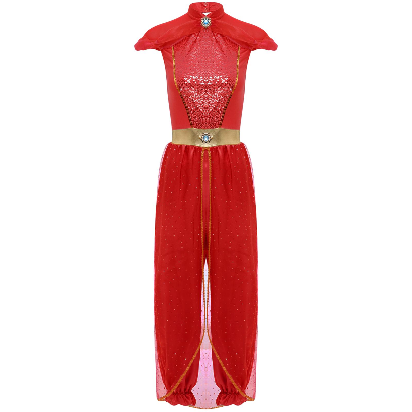 

Womens Arabian Princess Jumpsuit Gems Adorned Sequined Overlay One Piece Romper Belly Dance Halloween Costume S червоний
