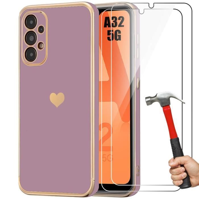 Coque de téléphone - Samsung - Galaxy A32 5G - Antichoc - Silicone Violet - Motif Cœur
