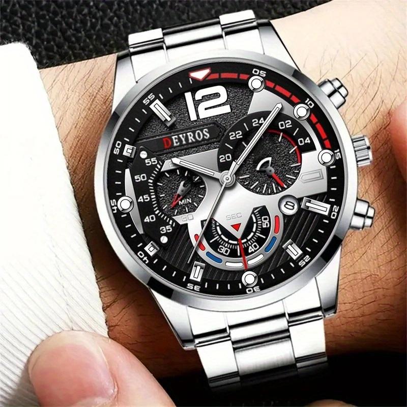 3pcs/set Fashion Men's Calendar Luxury Business Stainless Steel Quartz Wrist Watch & Bracelet Necklace Set, Best Gifts for Him