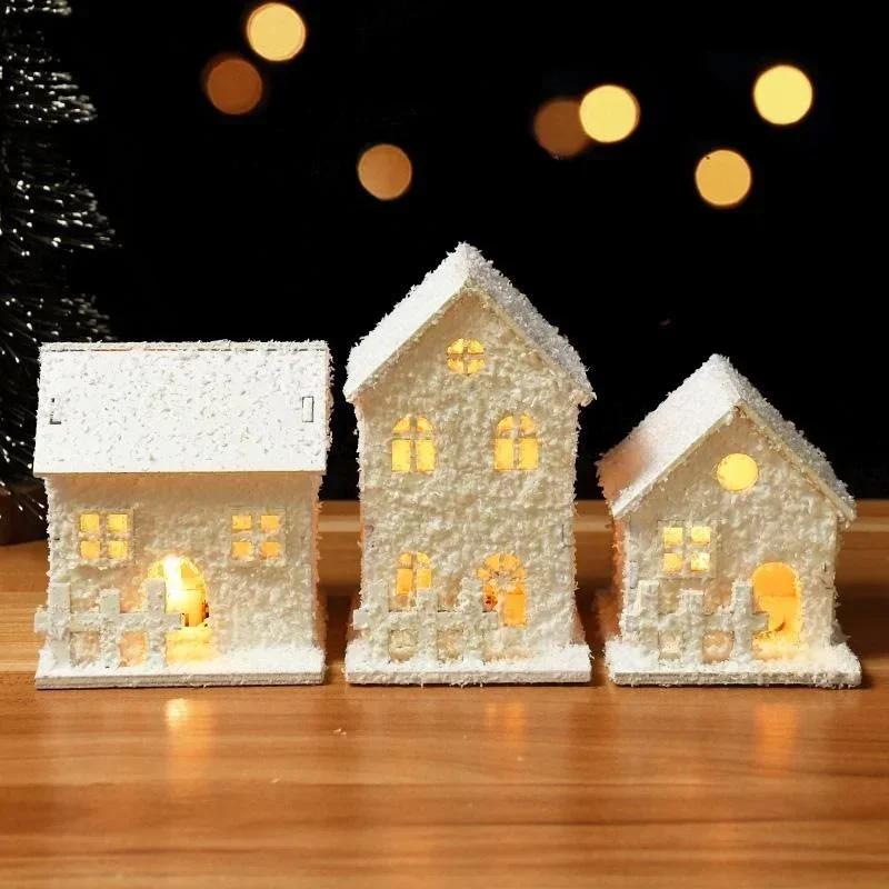 Xmas Ornament Christmas Led Light Wooden House with Snowflake Luminous Cabin Christmas Decorations