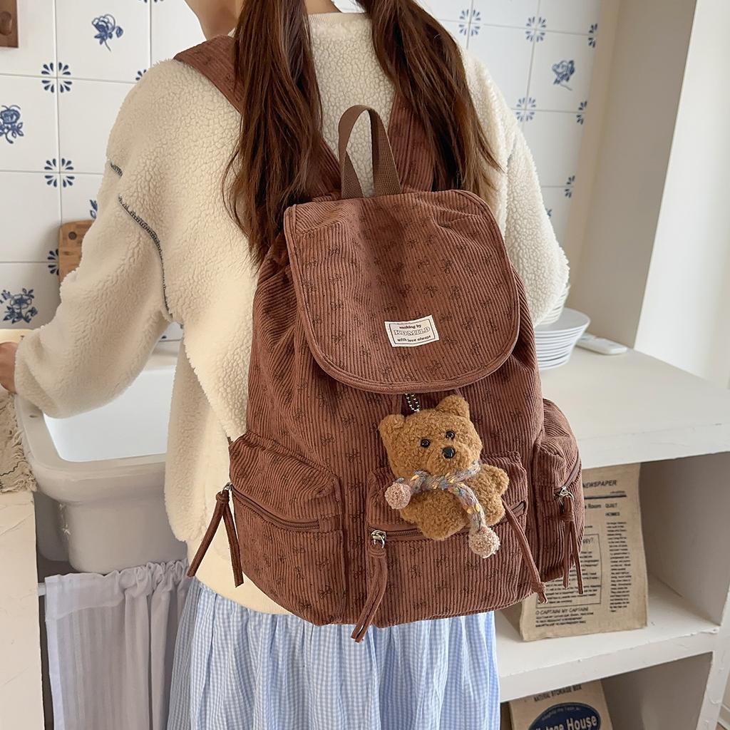Schoolbag Corduroy Korean Simple Mini Backpack Female Sweet Student Versatile Lightweight Drawstring Commuter Small Backpack