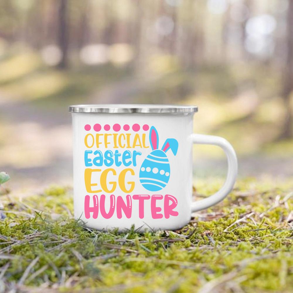 Cute Bunny Egg Print Cups Happy Easter Enamel Mugs Fall Easter Party Wine Juice Mug Dessert Cocoa Milk Handle Cup Gift for Child