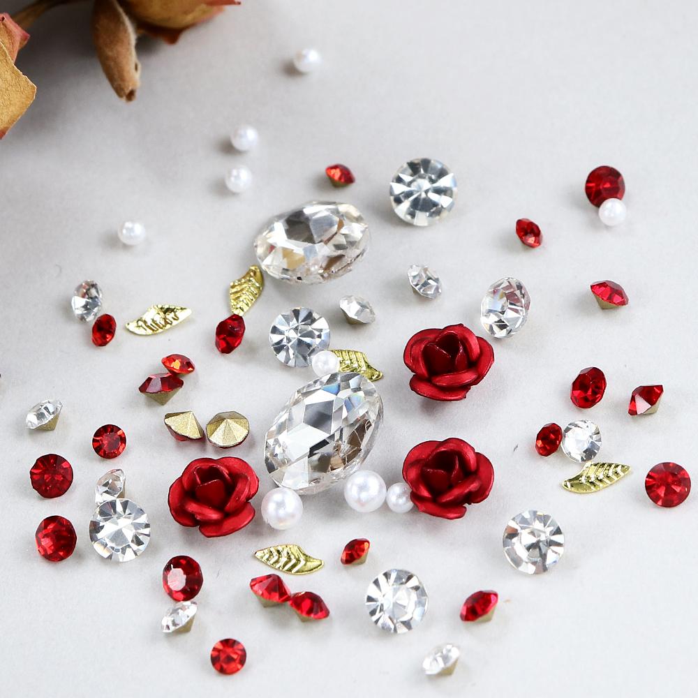1pc Red 3D Alloy Rose Flower Nail Rhinestone Decoration Mix Simulation Pearls Charms Nail Accessories Valentine Manicure Supplies