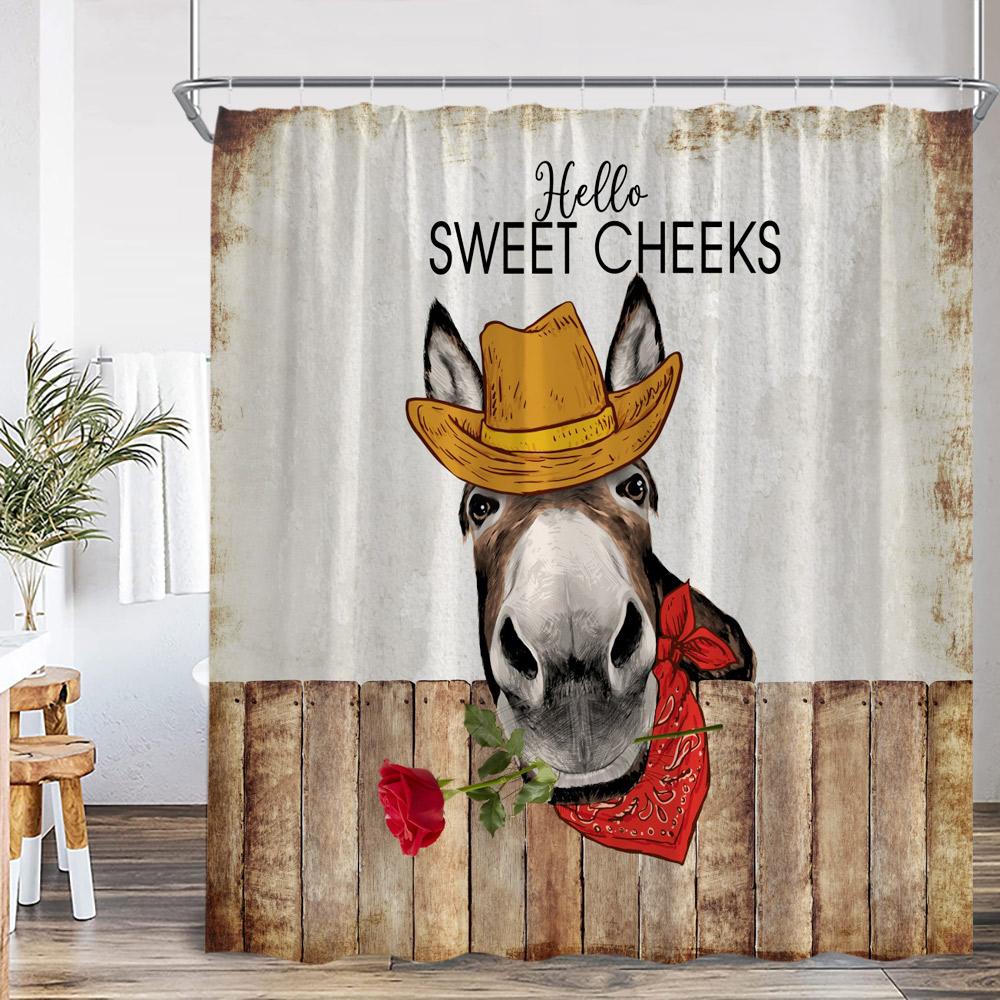 Funny Highland Cow Farm Animal Print Shower Curtain Bathing Animals Horse Donkey Floral Bathroom Decor Polyester Bath Curtain 90x180cm-35x70in