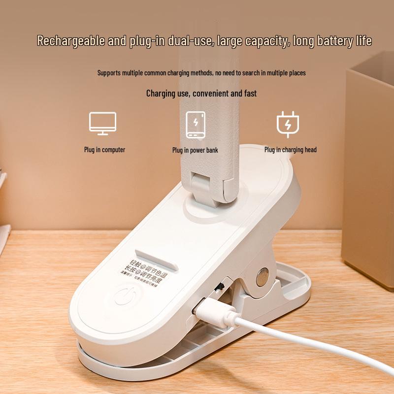 Rechargeable LED Desk Lamp with Eye Protection, Clip-On for Children's Bedroom or Dormitory.