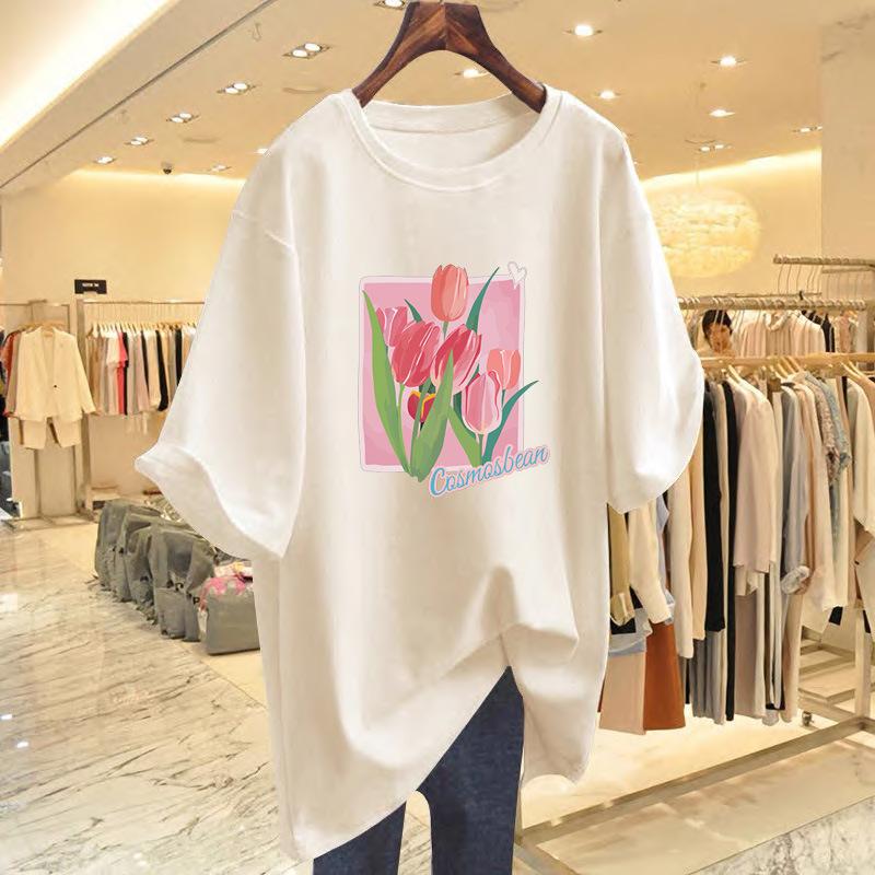 Loose flower print short-sleeved t-shirt women's new fashion alphabet top bottoming shirt