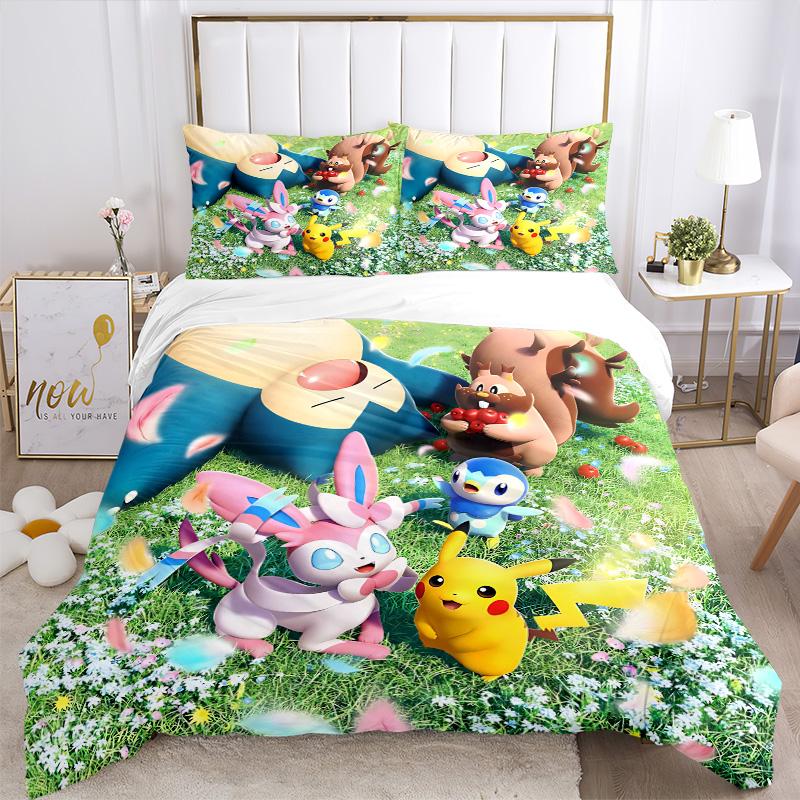 Meadow Pokmon Friends Print 3Pcs Bedding Set,Duvet Cover with 2 Bedro,Pillowcase Home Birthday Gift
