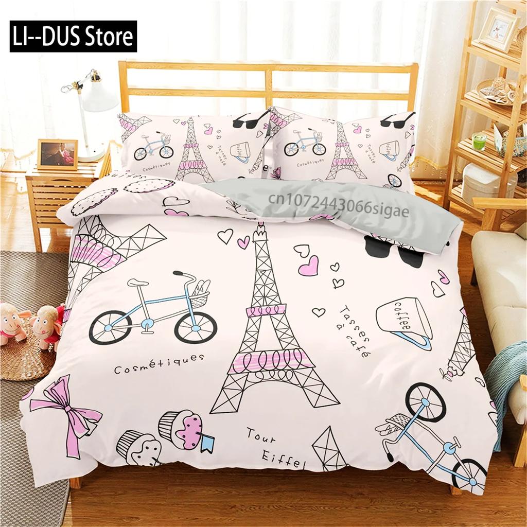 Comforter Eiffel Tower King Size Paris Tower Bedding Set Microfiber French Style Home Decor Grey Cityscape