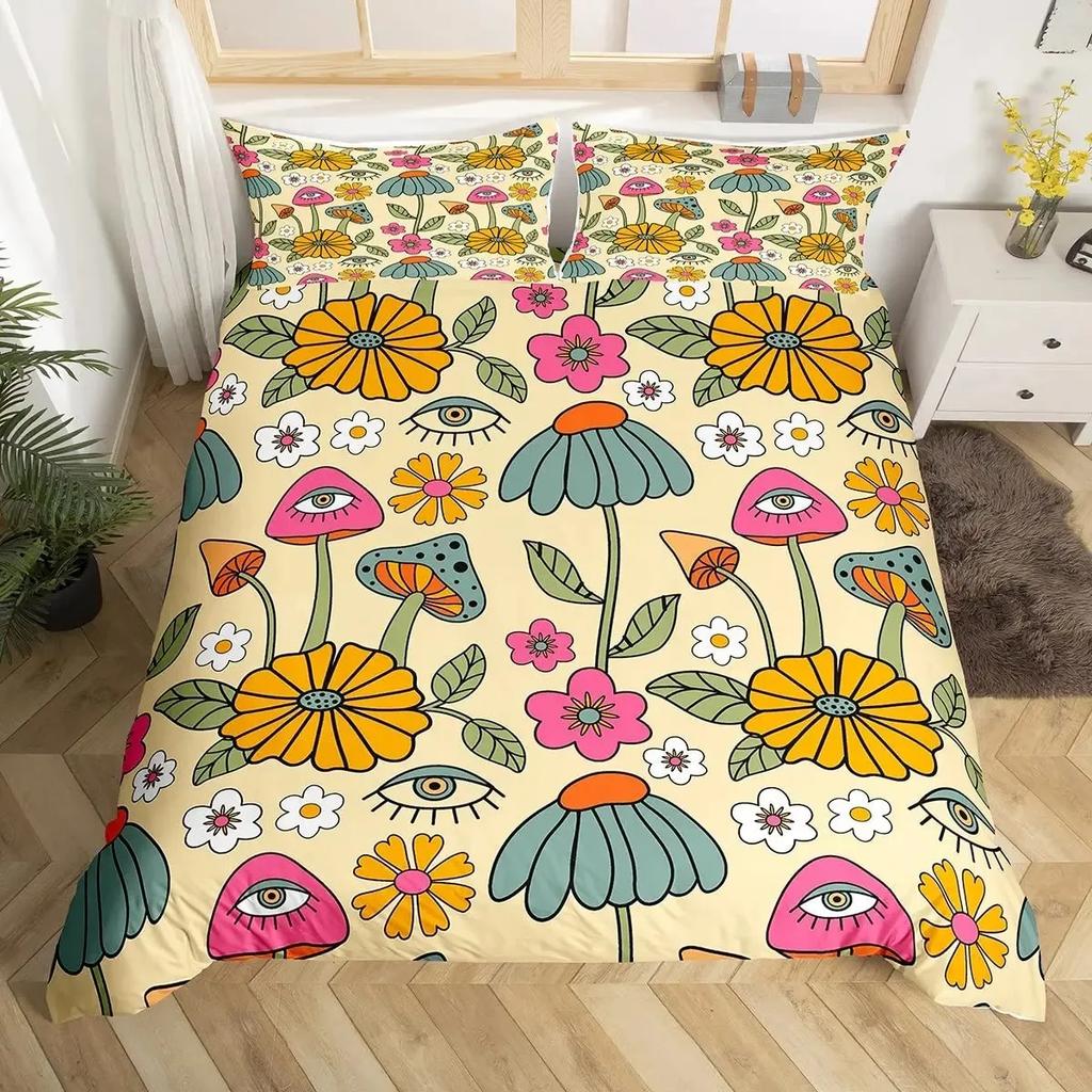 Retro 70er Jahre Hippie Stil Bettbezug Set Queen, Psychedelisches Pilz Bettwäsche Set Regenbogen Blumen Sterne Mond Bettdeckenbezug