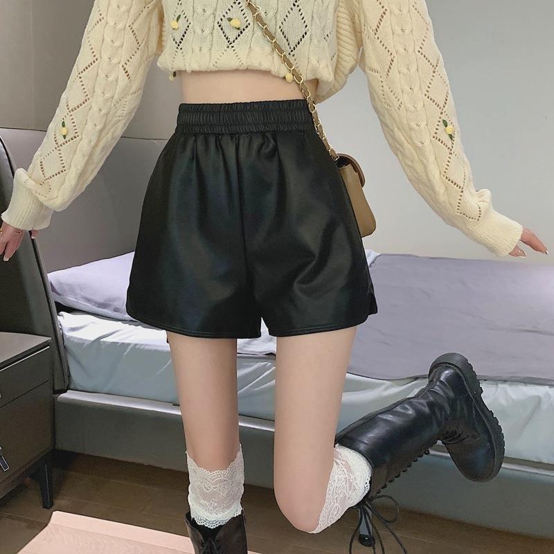 Women's Fall Winter High Waisted Slimming Plus Size Loose Outer Wear A-Line Wide Leg PU Leather Shorts Mini Shorts Versatile Slim Fit Hot Pants
