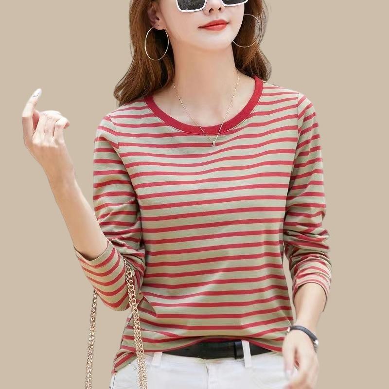 Breathable Cotton Long Sleeve Tshirt Women Loose Fit Simple Striped Casual Top Autumn