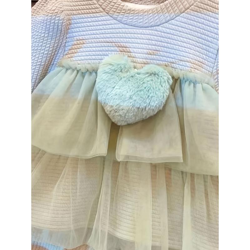 Girls Fashion Two-Piece Set - Spring-Autumn New Style | Tulle Top with Trendy Heart Decorations & Solid Color Sweet Pants for Girls