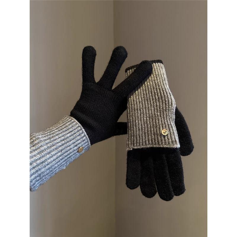 Maillard Winter Dual Use Color Blocked Knitted Wool Gloves for Women's Wool Fingerless Touch Screen Warm Cycling Students