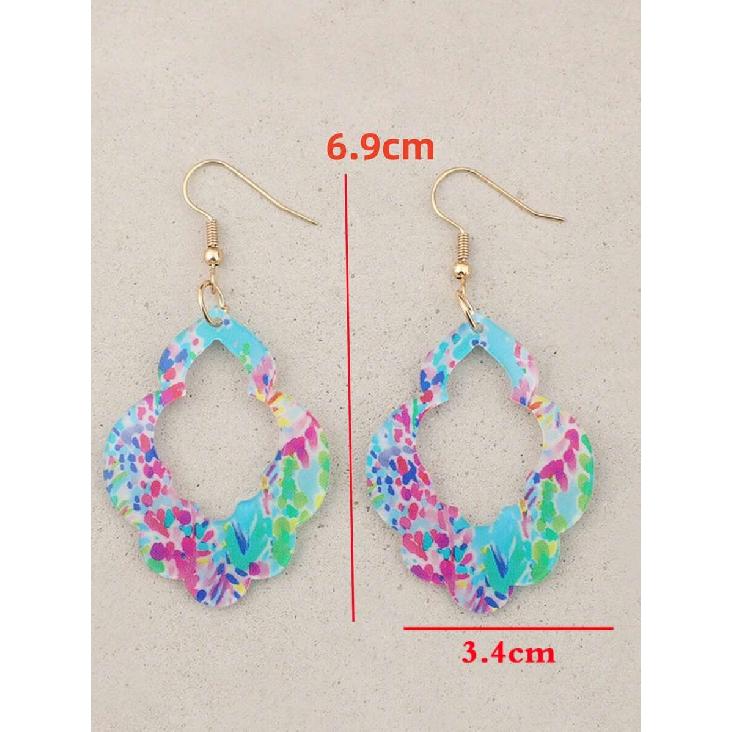 1 Pair Colorful Watercolor Print Hollow Acrylic Dangle Earrings, Exotic Geometric Openwork Design
