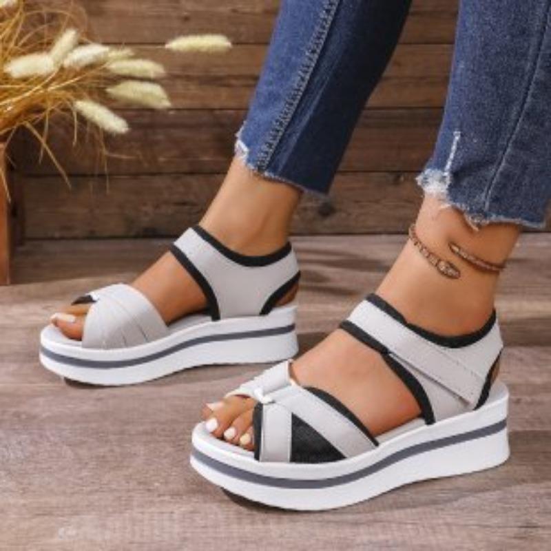 New Large-sized Thick-soled Sandals, Women's Flat Velcro Beach Shoes