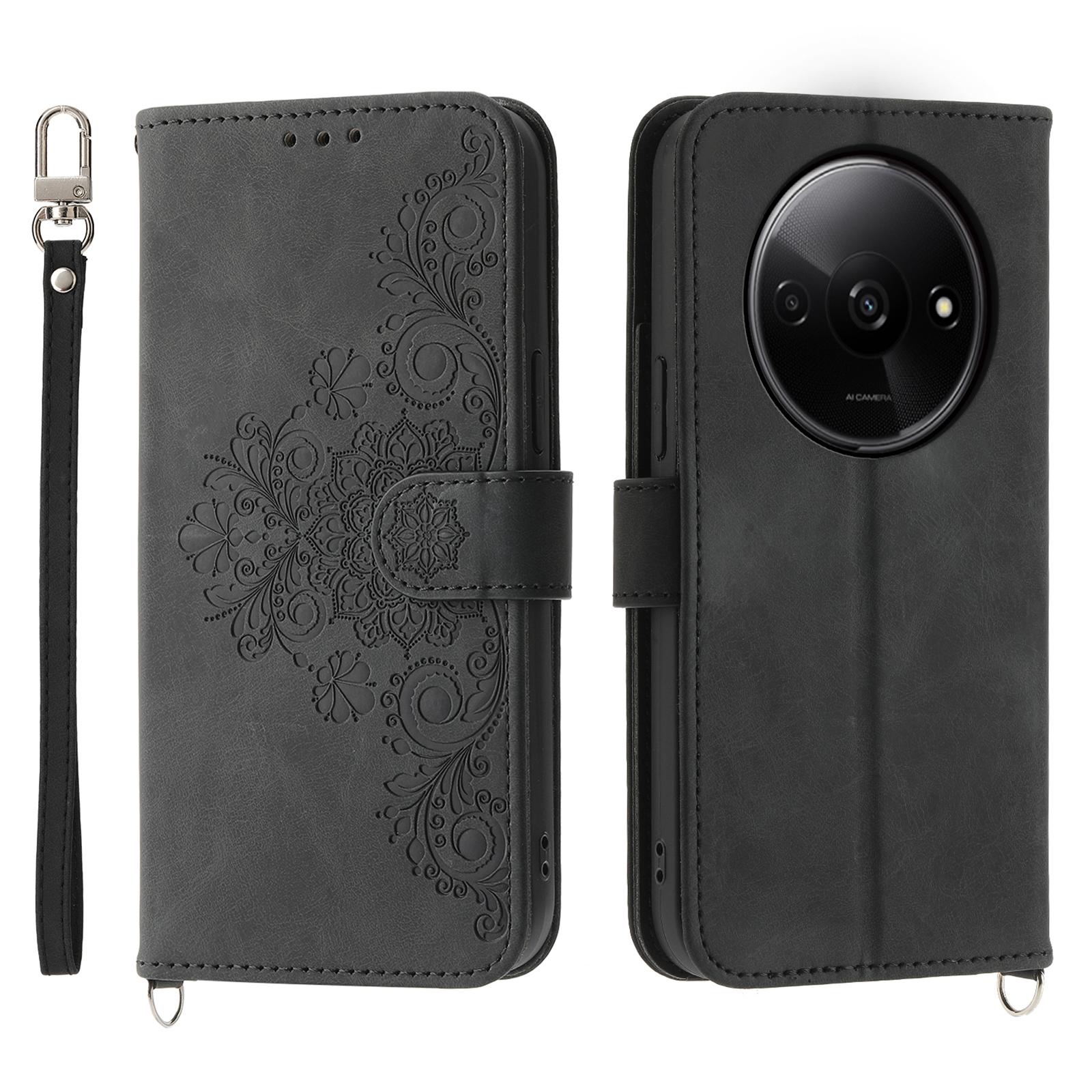 

Для Xiaomi Redmi A3/Poco C61 4G Кожаный чехол для телефона Чехол с цветочным узором Множество слотов для карт Black