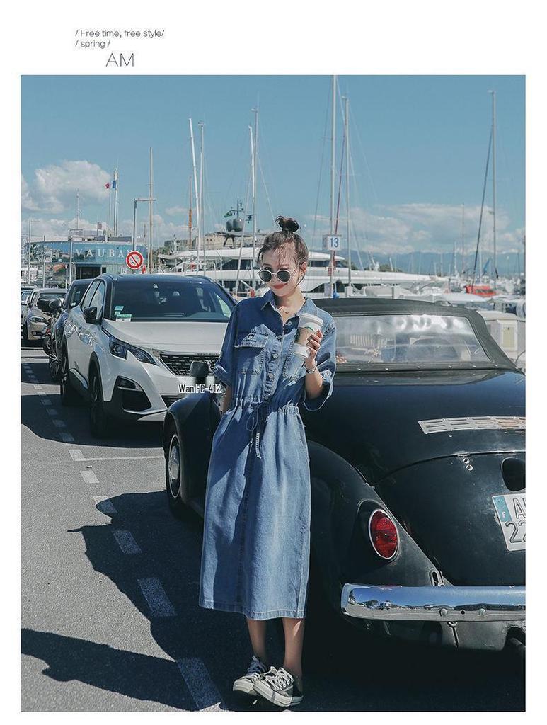 Plus Size Women's Korean-Style Denim Dress - Summer/Autumn Waist-Hugging Long Slimming Dress