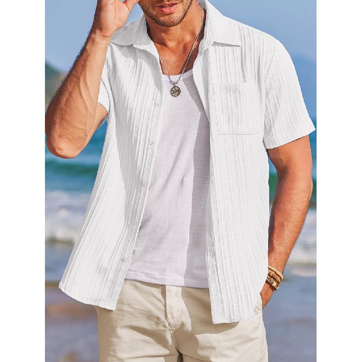 Summer New Men's Textured Solid Color Shirt Man Short Sleeved Casual Loose Shirt