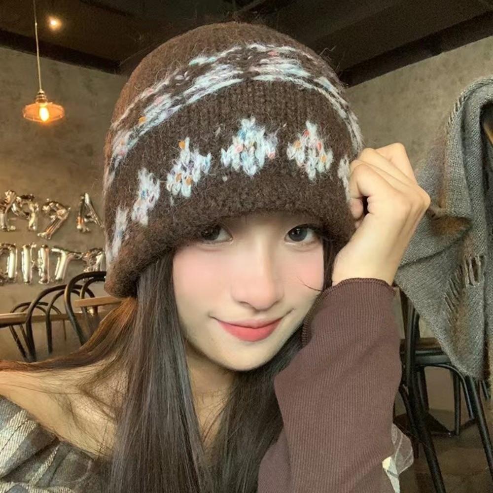 Windproof Pullover Hat Thickened Foldover Beanie Hat Fashion Jacquard Knitted Hat
