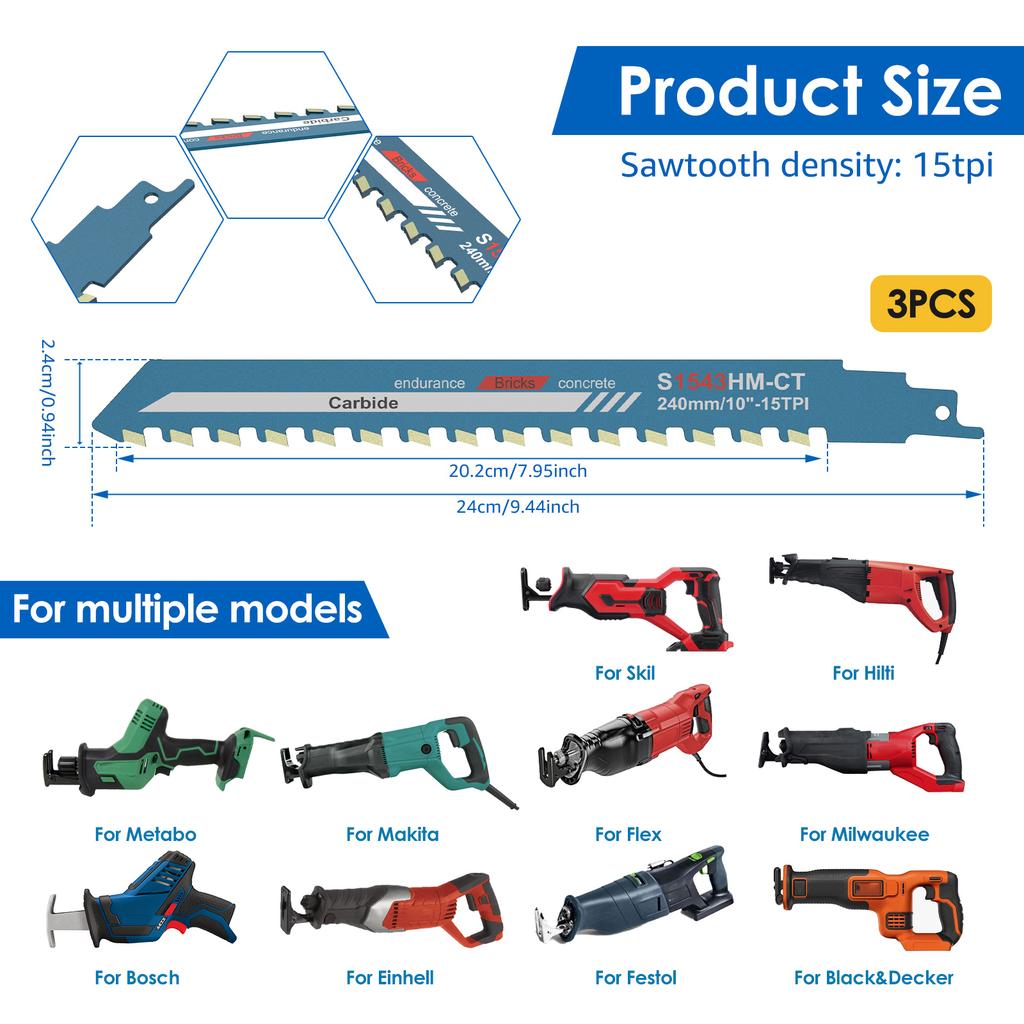 3Pcs Reciprocating Saw Blade 240mm Tungsten Carbide Teeth Saber Saw for Continuous Cutting in Masonry Concrete Saber Saw Blade