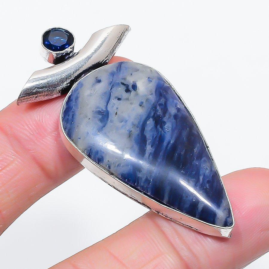 Natural Sodalite, Topaz Gemstone 925 Sterling Silver Jewelry Pendant 2.17" z1v25