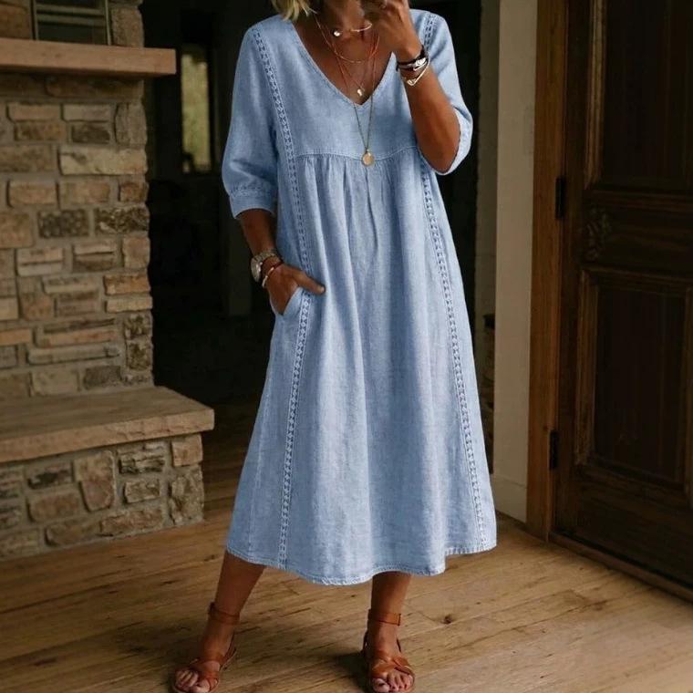 Women's V Neck Three Quarter Sleeve Loose Fit Lace Spliced Linen Blend Midi Dress Solid Color Casual Vacation Daily Wear Long Sundress