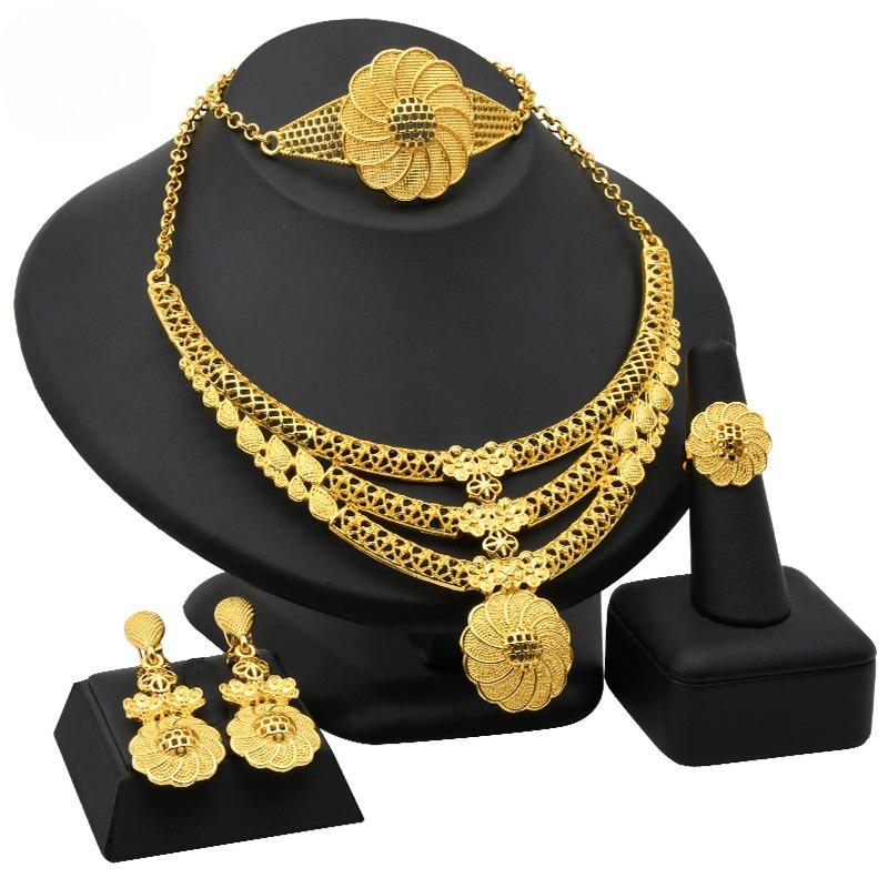 Dubai 24K Gold Jewelry Set Bridal Necklace Bracelet Earrings Ring Four-piece Set 2026 45CM