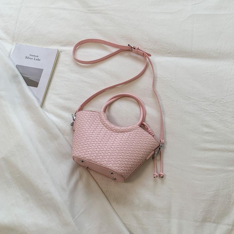 Woven Texture Mini Tote Bag with Round Handle and Detachable Strap