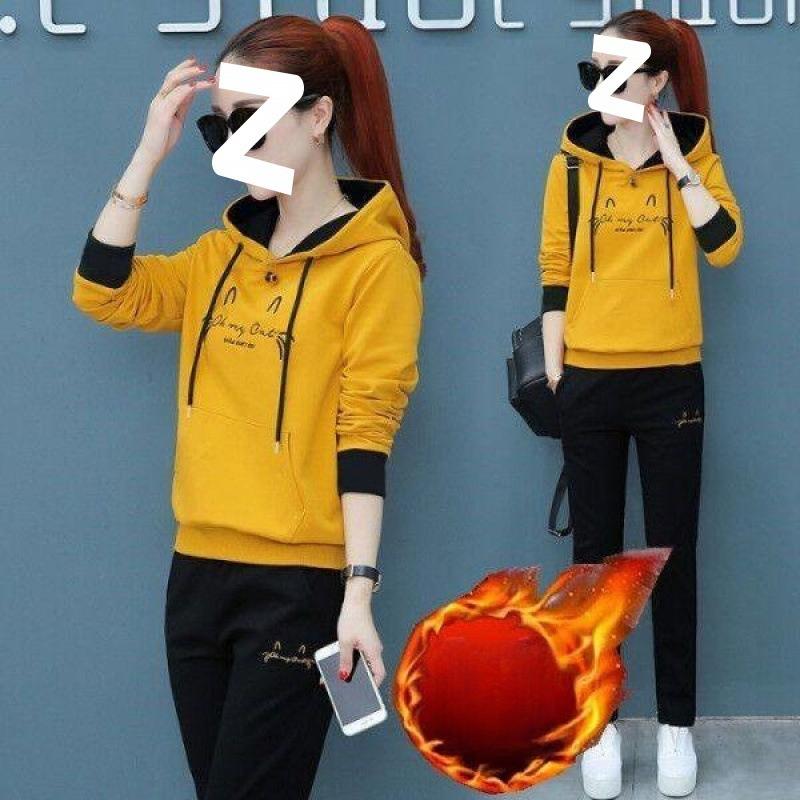 Winter and Autumn Casual Sportswear Set for Women (Korean Version) - Embroidered Hooded Loose Long-Sleeved Warm and Thick Two-Piece Set
